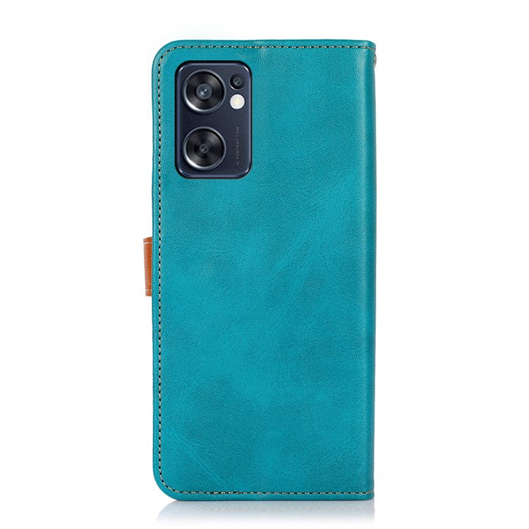 KHAZNEH for Oppo Reno7 SE 5G Scratch-resistant Adjustable Stand Golden Magnetic Clasp PU Leather Phone Cover with Wallet - Blue