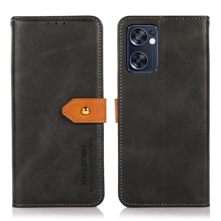 KHAZNEH for Oppo Reno7 SE 5G Scratch-resistant Adjustable Stand Golden Magnetic Clasp PU Leather Phone Cover with Wallet - Black