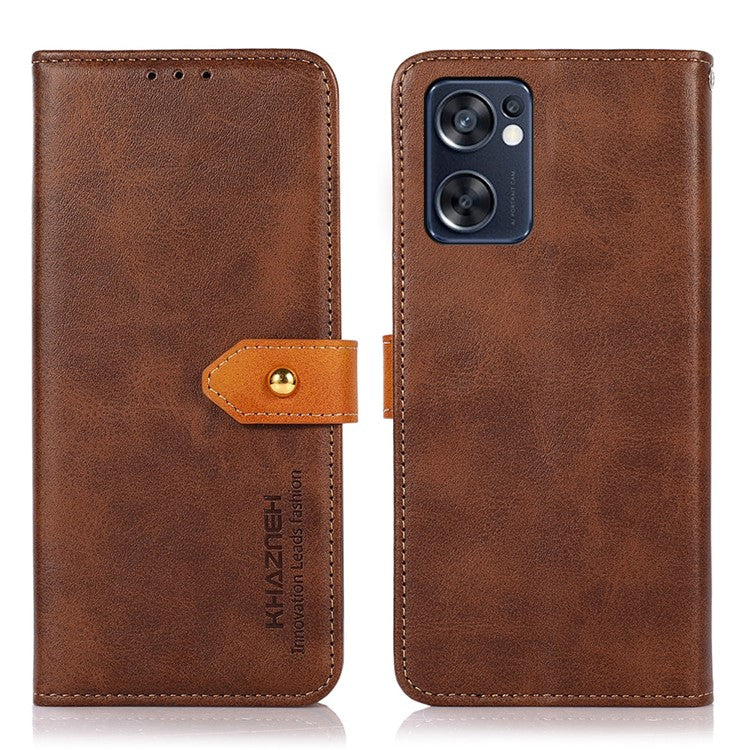 KHAZNEH for Oppo Reno7 SE 5G Scratch-resistant Adjustable Stand Golden Magnetic Clasp PU Leather Phone Cover with Wallet - Brown