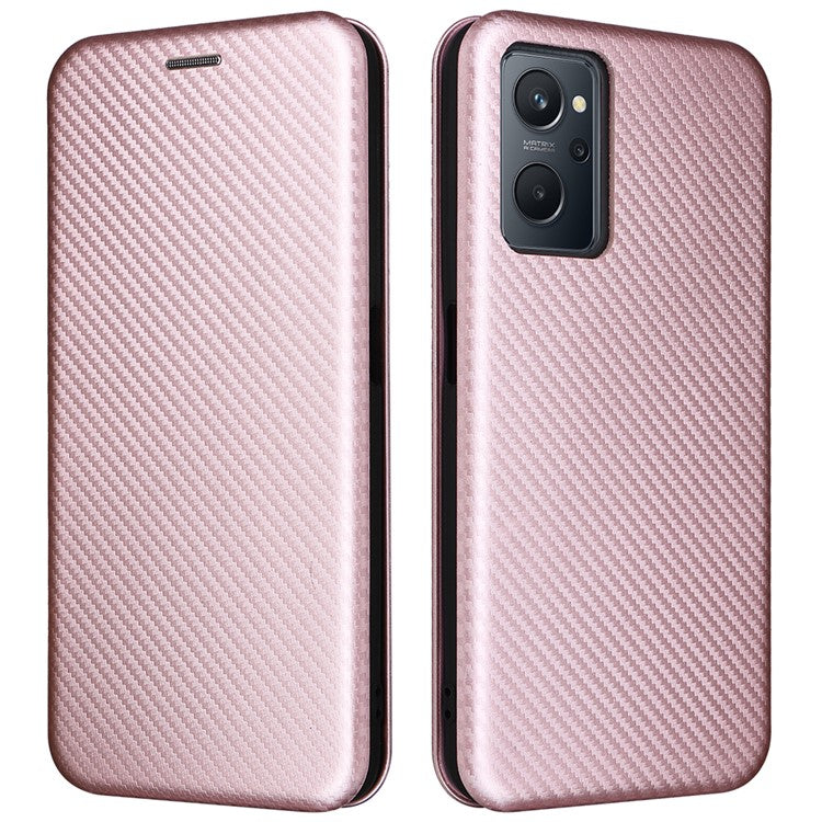For Realme 9i/Oppo A36 4G/A76 4G Carbon Fiber Texture PU Leather Phone Case Card Slot Stand Cover Shell - Rose Gold