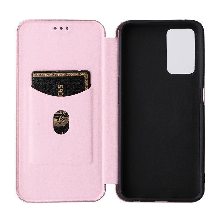 For Realme 9i/Oppo A36 4G/A76 4G Carbon Fiber Texture PU Leather Phone Case Card Slot Stand Cover Shell - Rose Gold