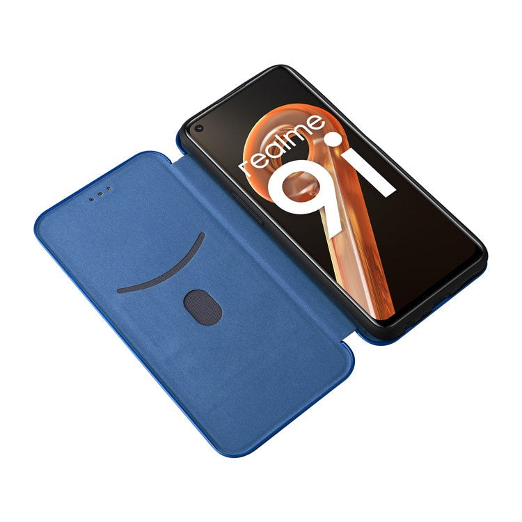 For Realme 9i/Oppo A36 4G/A76 4G Carbon Fiber Texture PU Leather Phone Case Card Slot Stand Cover Shell - Blue