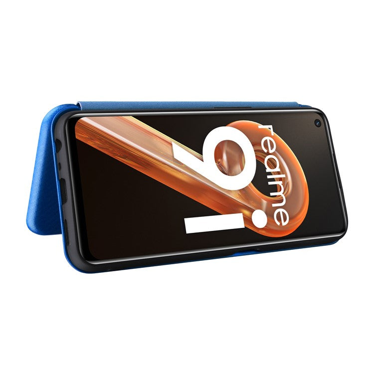 For Realme 9i/Oppo A36 4G/A76 4G Carbon Fiber Texture PU Leather Phone Case Card Slot Stand Cover Shell - Blue