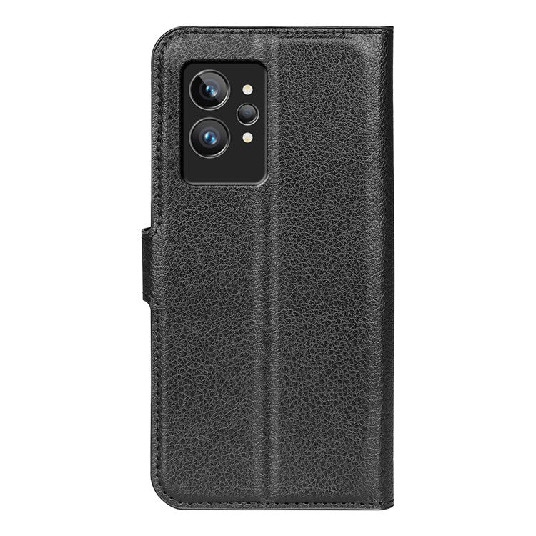 For Realme GT2 Pro Litchi Texture PU Leather Wallet Case Viewing Stand Magnetic Closure Shockproof Flip Folio Cover - Black