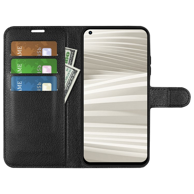 For Realme GT2 Pro Litchi Texture PU Leather Wallet Case Viewing Stand Magnetic Closure Shockproof Flip Folio Cover - Black