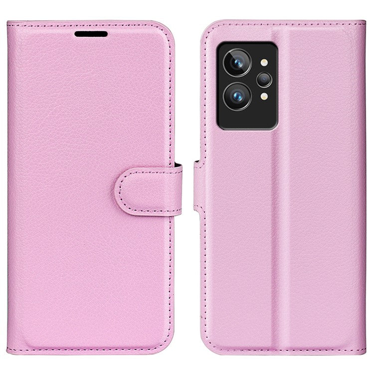 For Realme GT2 Pro Litchi Texture PU Leather Wallet Case Viewing Stand Magnetic Closure Shockproof Flip Folio Cover - Pink