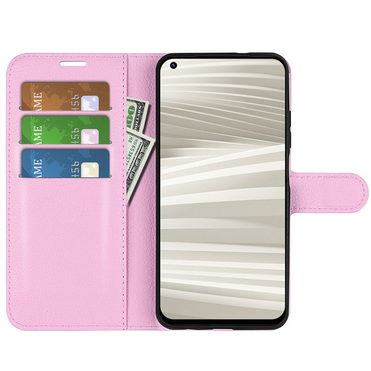 For Realme GT2 Pro Litchi Texture PU Leather Wallet Case Viewing Stand Magnetic Closure Shockproof Flip Folio Cover - Pink