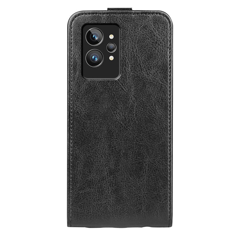 Vertical Flip Folio Phone Case for Realme GT2 Pro, Card Holder Anti-scratch Crazy Horse Texture PU Leather Phone Cover - Black
