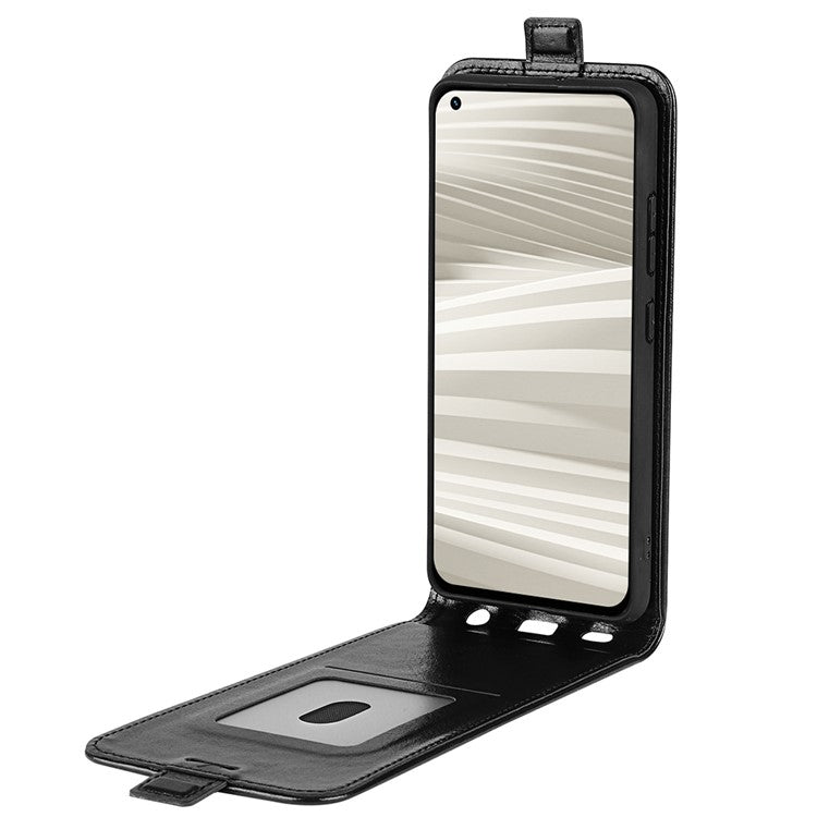 Vertical Flip Folio Phone Case for Realme GT2 Pro, Card Holder Anti-scratch Crazy Horse Texture PU Leather Phone Cover - Black