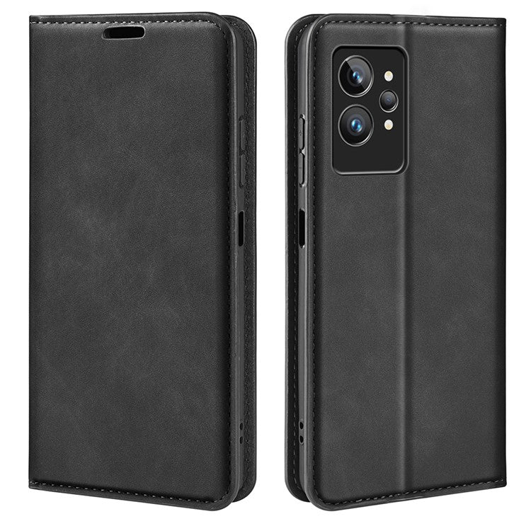 For Realme GT2 Pro Skin-touch Feeling PU Leather Wallet Cover Drop-proof Stand Magnetic Adsorption Mobile Phone Case - Black