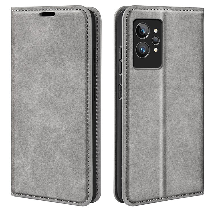 For Realme GT2 Pro Skin-touch Feeling PU Leather Wallet Cover Drop-proof Stand Magnetic Adsorption Mobile Phone Case - Grey