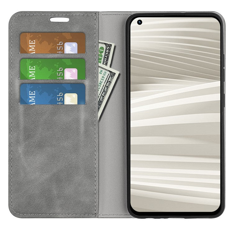 For Realme GT2 Pro Skin-touch Feeling PU Leather Wallet Cover Drop-proof Stand Magnetic Adsorption Mobile Phone Case - Grey