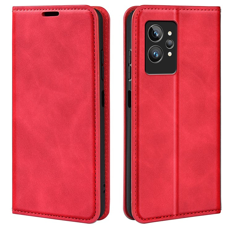 For Realme GT2 Pro Skin-touch Feeling PU Leather Wallet Cover Drop-proof Stand Magnetic Adsorption Mobile Phone Case - Red