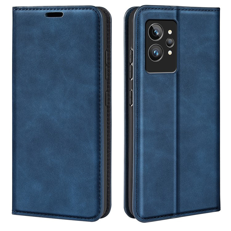 For Realme GT2 Pro Skin-touch Feeling PU Leather Wallet Cover Drop-proof Stand Magnetic Adsorption Mobile Phone Case - Blue