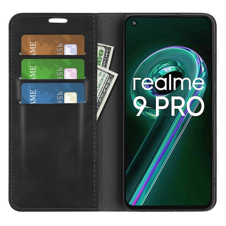 For Realme 9 Pro 5G / 9 5G / V25 / OnePlus Nord CE 2 Lite Magnetic Auto Closing Skin-touch Feeling PU Leather Stand Wallet Phone Case - Black