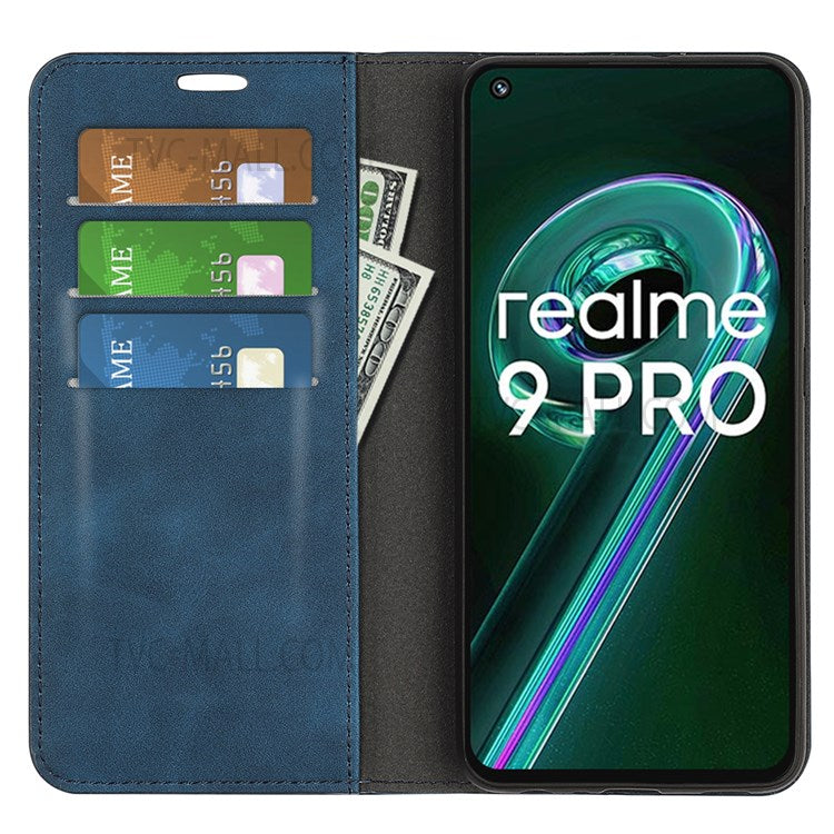 For Realme 9 Pro 5G / 9 5G / V25 / OnePlus Nord CE 2 Lite Magnetic Auto Closing Skin-touch Feeling PU Leather Stand Wallet Phone Case - Blue