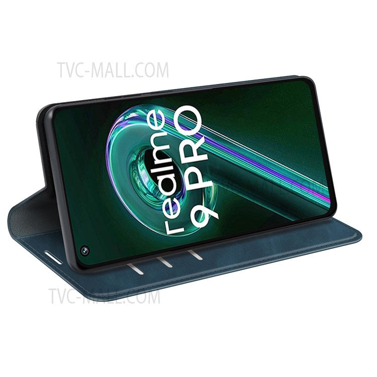 For Realme 9 Pro 5G / 9 5G / V25 / OnePlus Nord CE 2 Lite Magnetic Auto Closing Skin-touch Feeling PU Leather Stand Wallet Phone Case - Blue