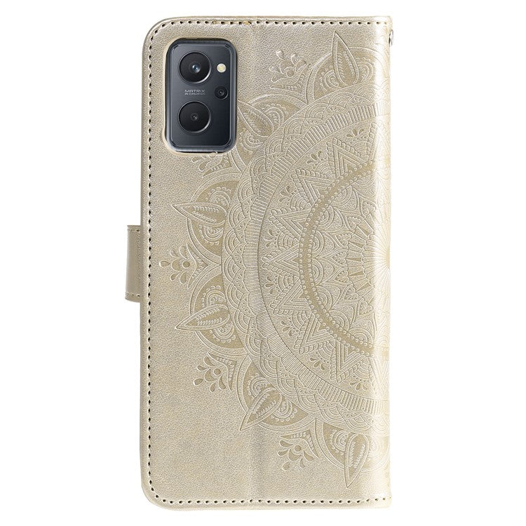 For Realme 9i / Oppo A36/A76 Imprinted Mandala Flower PU Leather Cover Viewing Stand Wallet Folio Flip Case with Wrist Strap - Gold