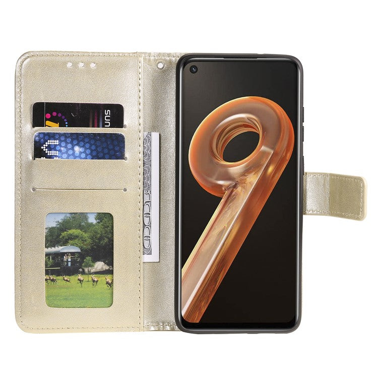For Realme 9i / Oppo A36/A76 Imprinted Mandala Flower PU Leather Cover Viewing Stand Wallet Folio Flip Case with Wrist Strap - Gold