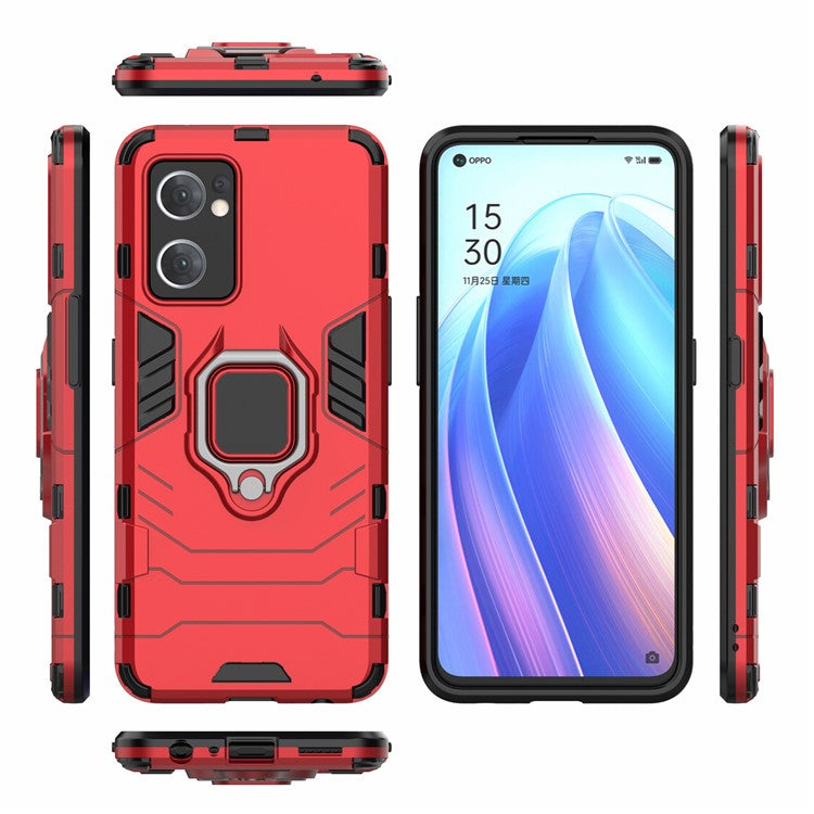 PC + TPU Combo Hybrid Phone Protective Cover for Oppo Reno7 5G (Global) One-Hand Operating Ring Kickstand Case - Red