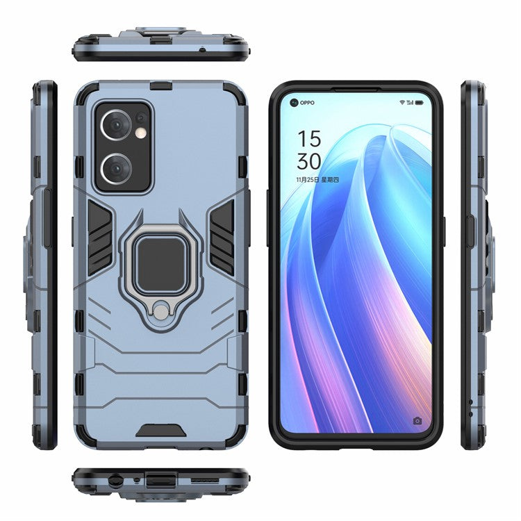 PC + TPU Combo Hybrid Phone Protective Cover for Oppo Reno7 5G (Global) One-Hand Operating Ring Kickstand Case - Blue