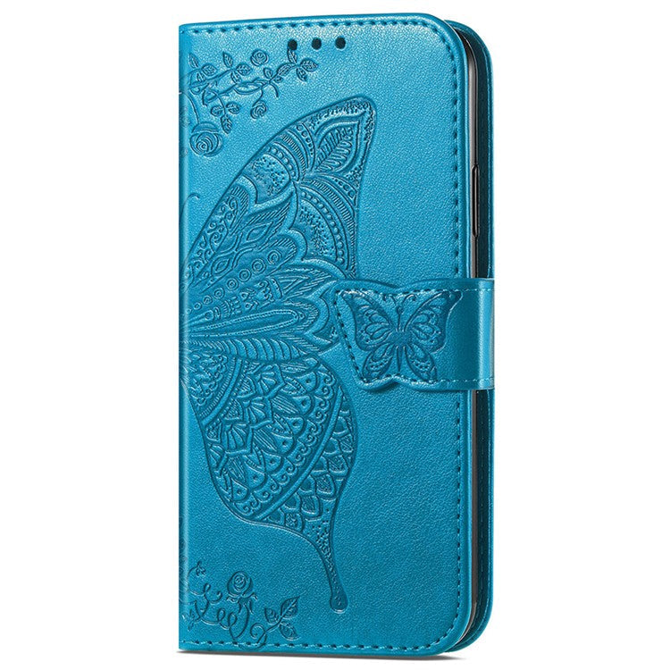 For Realme 9i/Oppo A96/A36 Drop-proof Imprinting Butterfly Flower Cover Adjustable Stand Wallet PU Leather Mobile Phone Case - Blue
