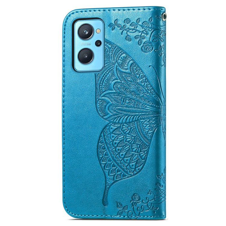 For Realme 9i/Oppo A96/A36 Drop-proof Imprinting Butterfly Flower Cover Adjustable Stand Wallet PU Leather Mobile Phone Case - Blue