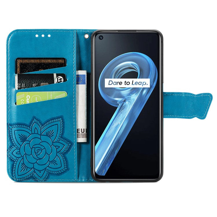 For Realme 9i/Oppo A96/A36 Drop-proof Imprinting Butterfly Flower Cover Adjustable Stand Wallet PU Leather Mobile Phone Case - Blue