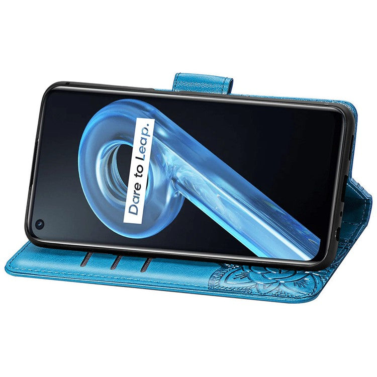 For Realme 9i/Oppo A96/A36 Drop-proof Imprinting Butterfly Flower Cover Adjustable Stand Wallet PU Leather Mobile Phone Case - Blue