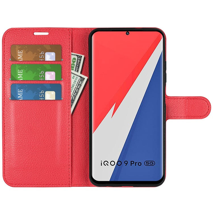 Litchi Texture Phone Case for vivo iQOO 9 Pro, Wallet Phone Stand PU Leather Protective Cover - Red