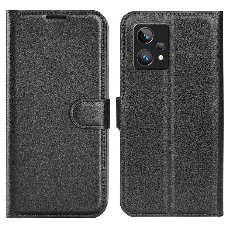 Leather Smartphone Cover Bag for Realme 9 Pro+, Wallet Anti-scratch Litchi Texture Phone Stand Function Dustproof Case - Black