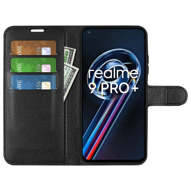 Leather Smartphone Cover Bag for Realme 9 Pro+, Wallet Anti-scratch Litchi Texture Phone Stand Function Dustproof Case - Black