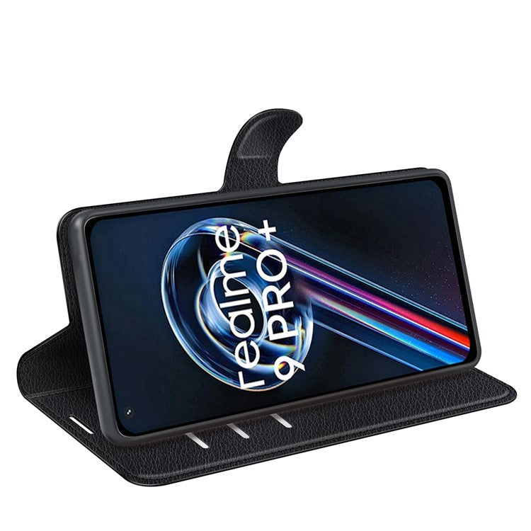 Leather Smartphone Cover Bag for Realme 9 Pro+, Wallet Anti-scratch Litchi Texture Phone Stand Function Dustproof Case - Black