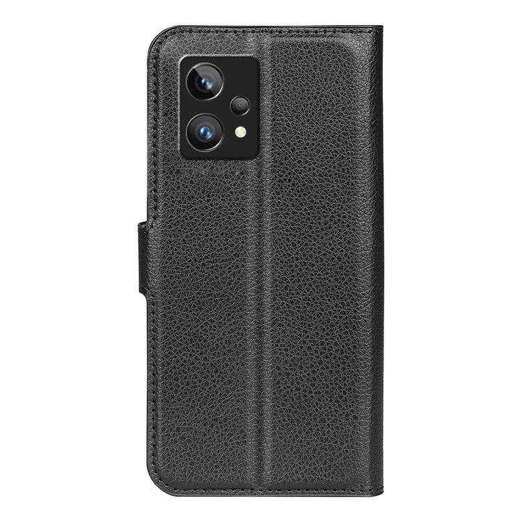 Leather Smartphone Cover Bag for Realme 9 Pro+, Wallet Anti-scratch Litchi Texture Phone Stand Function Dustproof Case - Black