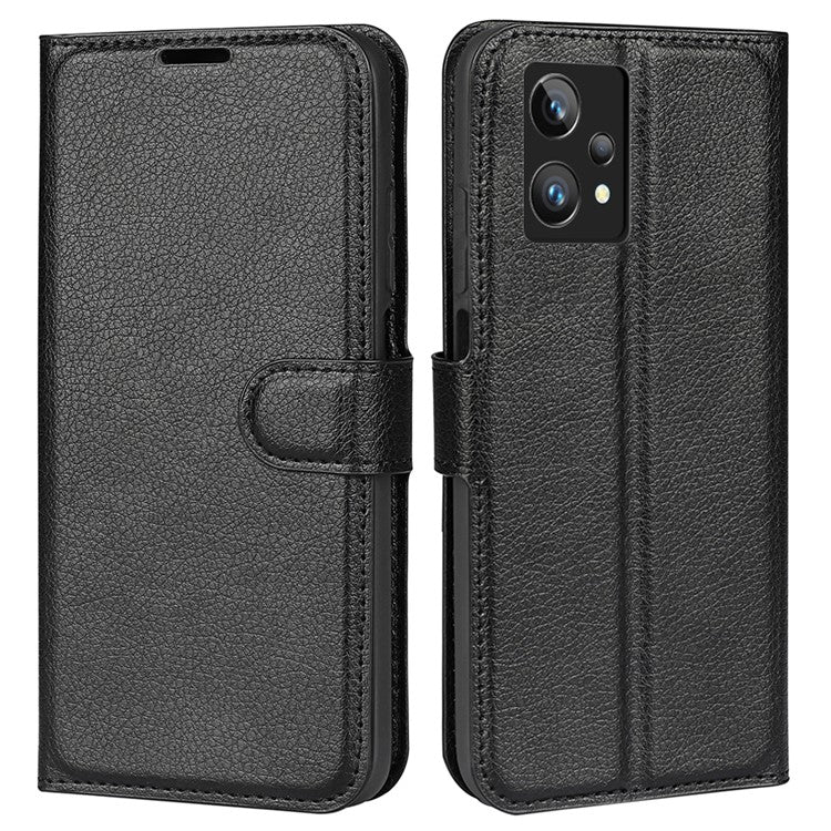 Leather Smartphone Cover Bag for Realme 9 Pro+, Wallet Anti-scratch Litchi Texture Phone Stand Function Dustproof Case - Black
