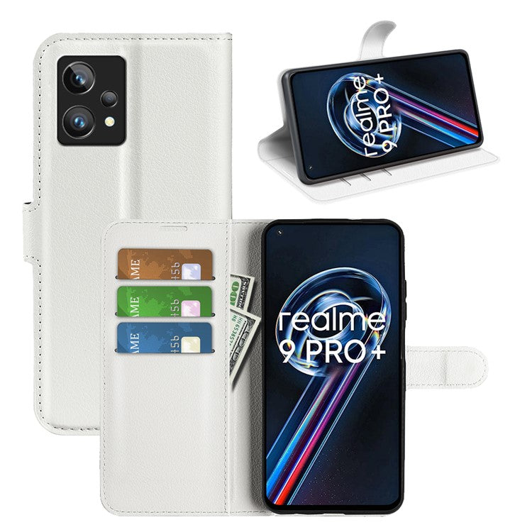 Leather Smartphone Cover Bag for Realme 9 Pro+, Wallet Anti-scratch Litchi Texture Phone Stand Function Dustproof Case - White