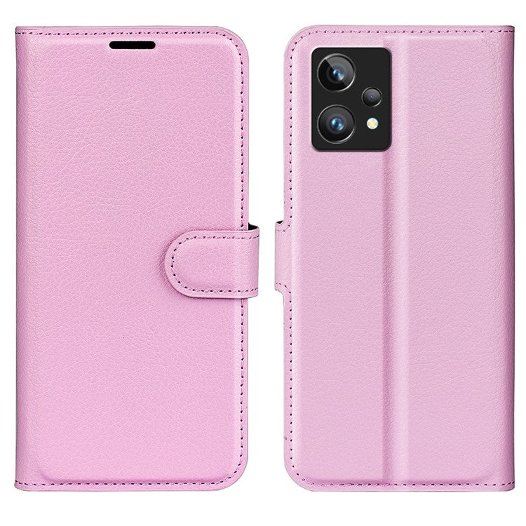 Leather Smartphone Cover Bag for Realme 9 Pro+, Wallet Anti-scratch Litchi Texture Phone Stand Function Dustproof Case - Pink