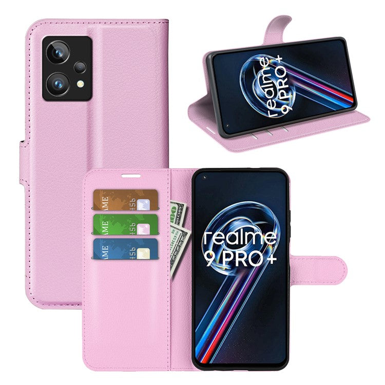 Leather Smartphone Cover Bag for Realme 9 Pro+, Wallet Anti-scratch Litchi Texture Phone Stand Function Dustproof Case - Pink
