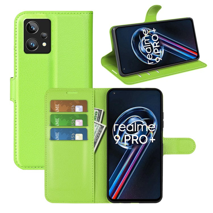 Leather Smartphone Cover Bag for Realme 9 Pro+, Wallet Anti-scratch Litchi Texture Phone Stand Function Dustproof Case - Green