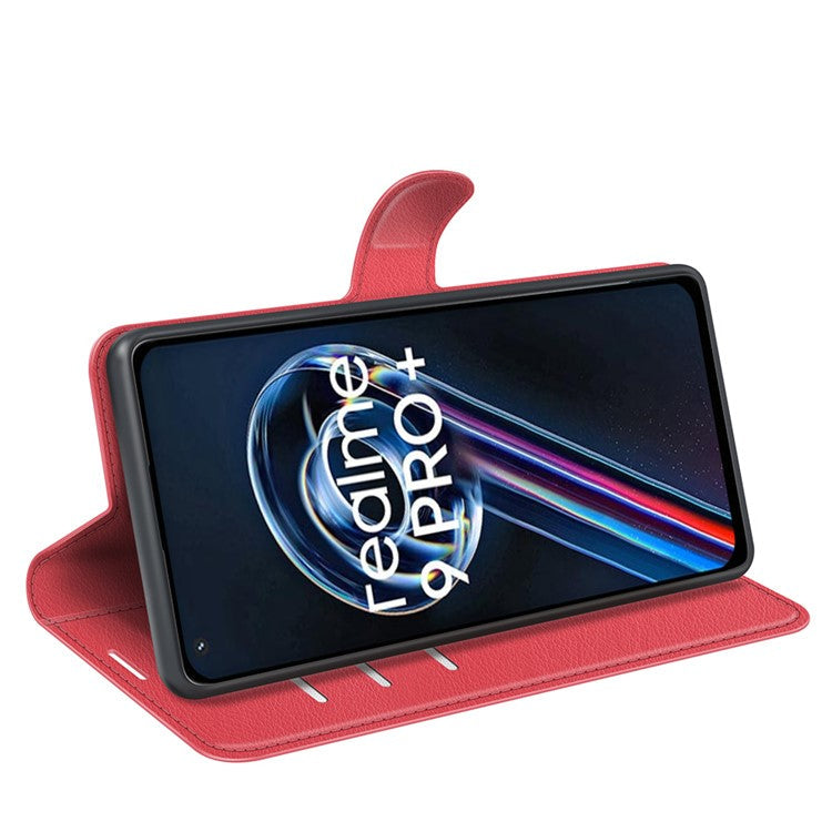Leather Smartphone Cover Bag for Realme 9 Pro+, Wallet Anti-scratch Litchi Texture Phone Stand Function Dustproof Case - Red