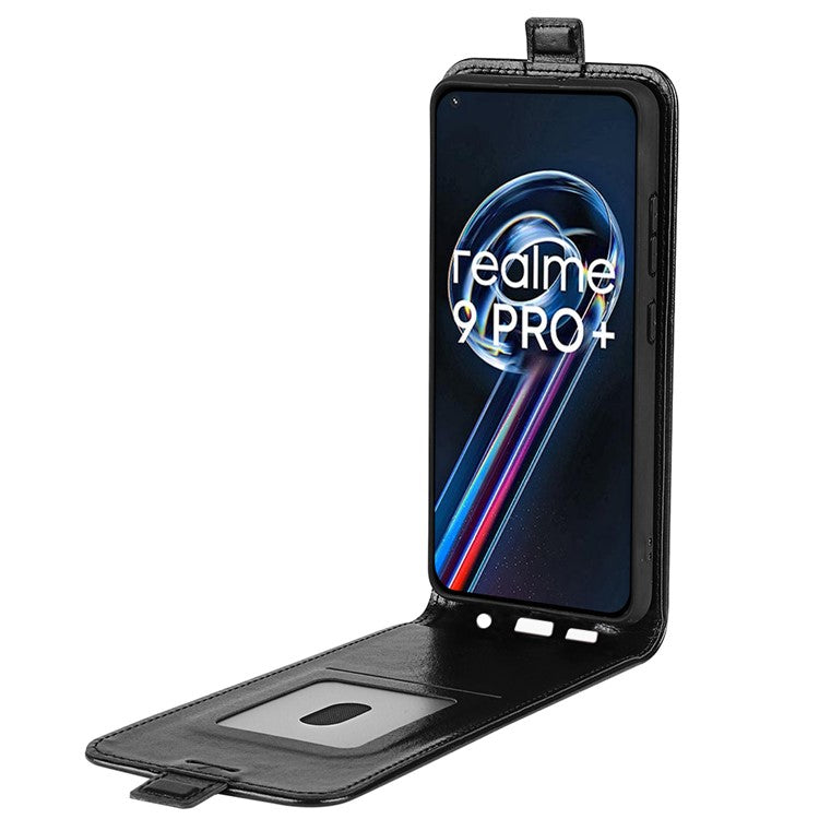 Vertical Flip PU Leather Phone Case for Realme 9 Pro+, Crazy Horse Texture Card Holder Protective Shell - Black