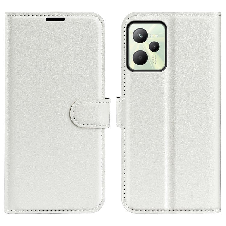For Realme C35 Wallet Anti-scratch Litchi Texture PU Leather Flip Cover Stand Magnetic Closure Anti-dust Phone Case - White