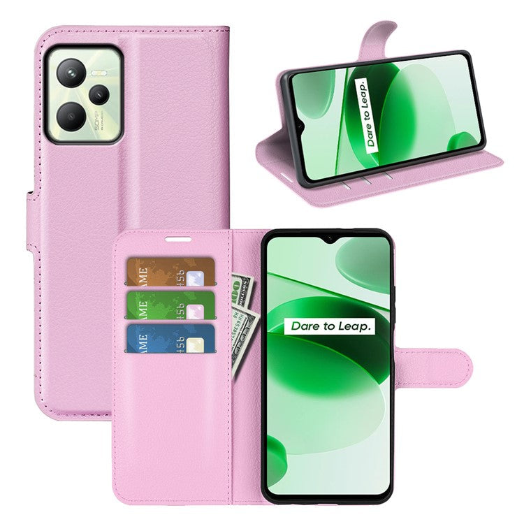 For Realme C35 Wallet Anti-scratch Litchi Texture PU Leather Flip Cover Stand Magnetic Closure Anti-dust Phone Case - Pink
