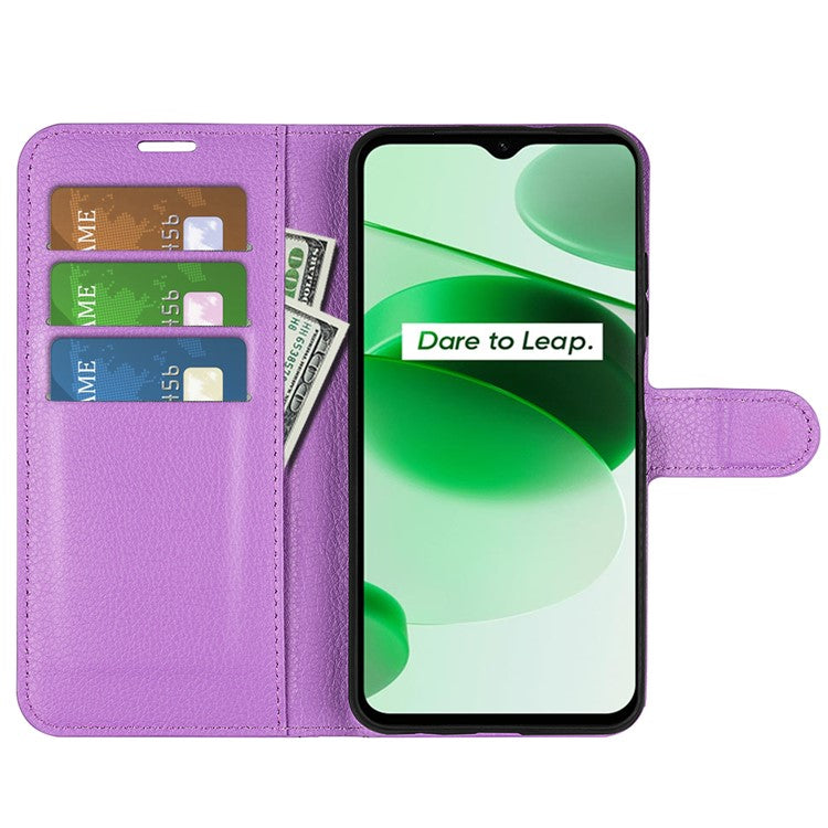 For Realme C35 Wallet Anti-scratch Litchi Texture PU Leather Flip Cover Stand Magnetic Closure Anti-dust Phone Case - Purple