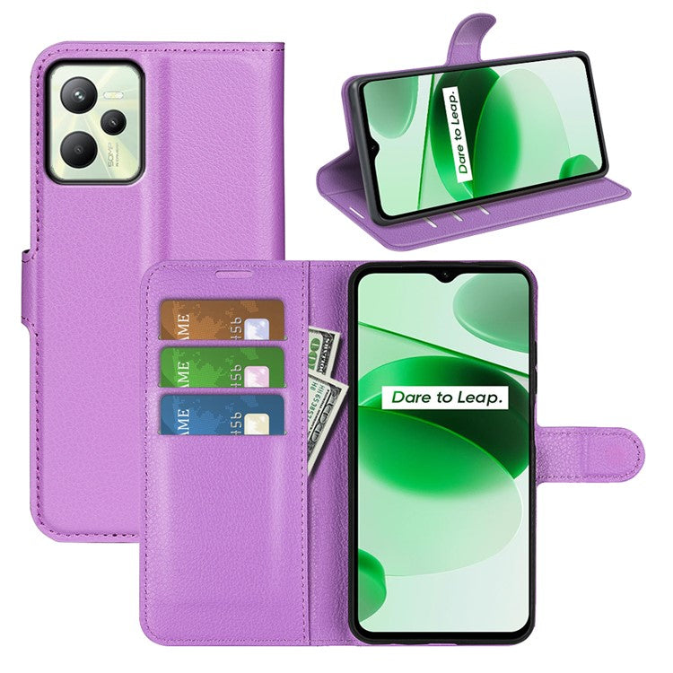 For Realme C35 Wallet Anti-scratch Litchi Texture PU Leather Flip Cover Stand Magnetic Closure Anti-dust Phone Case - Purple