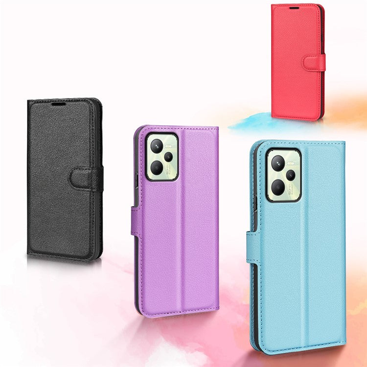 For Realme C35 Wallet Anti-scratch Litchi Texture PU Leather Flip Cover Stand Magnetic Closure Anti-dust Phone Case - Purple