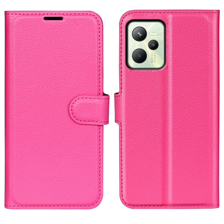 For Realme C35 Wallet Anti-scratch Litchi Texture PU Leather Flip Cover Stand Magnetic Closure Anti-dust Phone Case - Rose