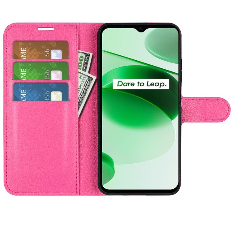 For Realme C35 Wallet Anti-scratch Litchi Texture PU Leather Flip Cover Stand Magnetic Closure Anti-dust Phone Case - Rose