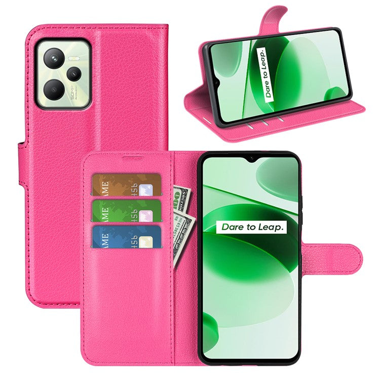 For Realme C35 Wallet Anti-scratch Litchi Texture PU Leather Flip Cover Stand Magnetic Closure Anti-dust Phone Case - Rose