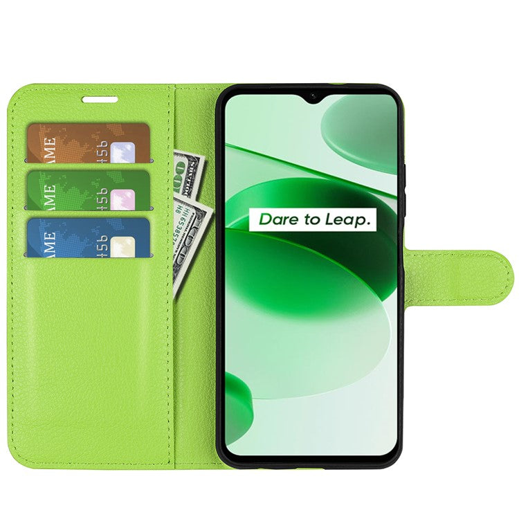 For Realme C35 Wallet Anti-scratch Litchi Texture PU Leather Flip Cover Stand Magnetic Closure Anti-dust Phone Case - Green